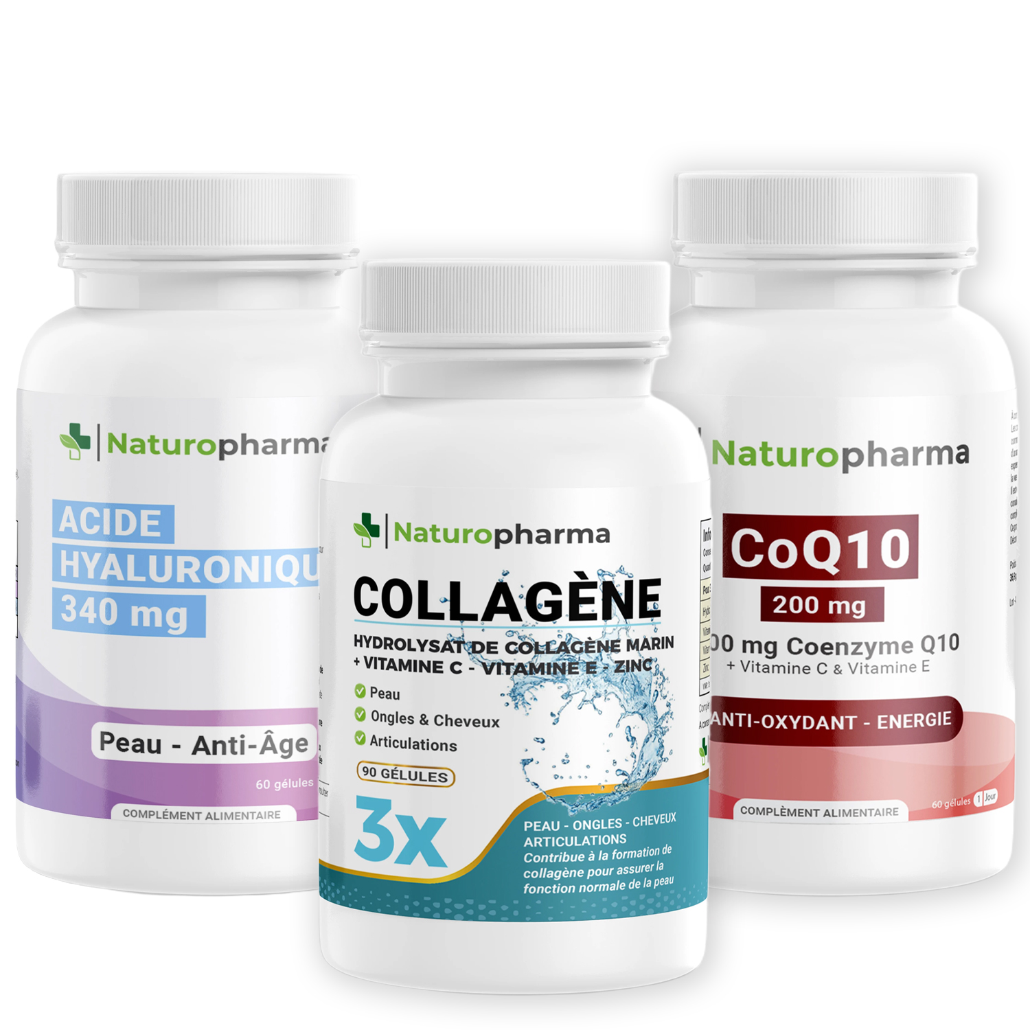 Pack Trio : collagène marin, acide hyaluronique et CoQ10 pour peau, articulations et énergie.